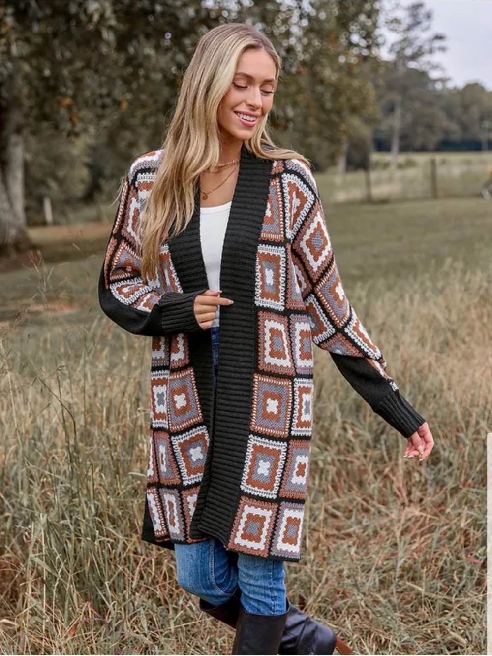 Cupshe nwt medium Brown Patchwork Open Front Knit Duster Sweater